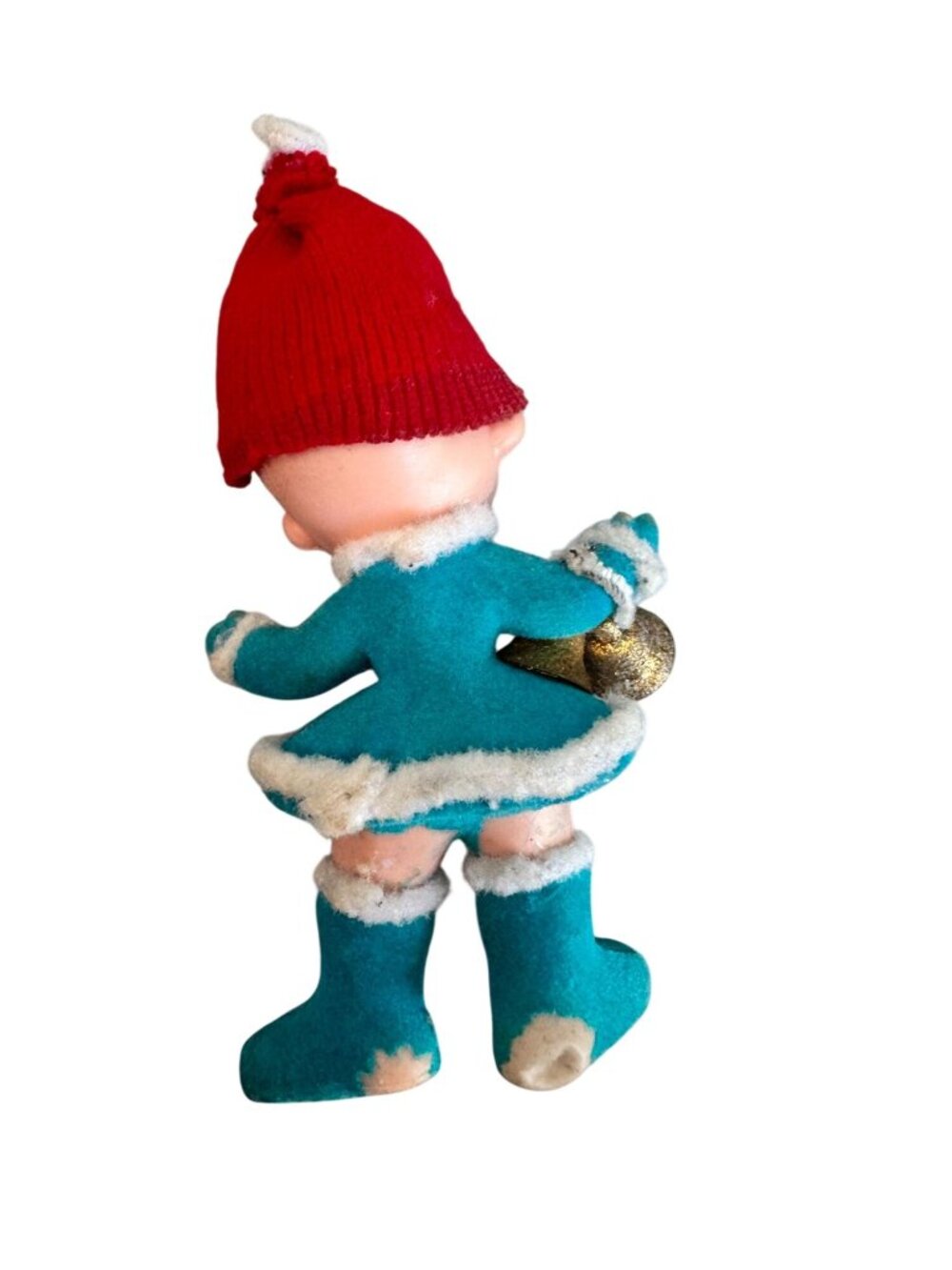 Vintage Flocked Pixie Elf Ornament With Bells Red Knit Hat 5" - Picture 5 of 7